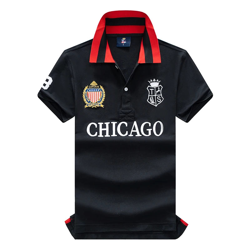 Men's polo shirt USA Chicago short sleeve Royal leisure sports party cotton embroidered with slit contrast color original