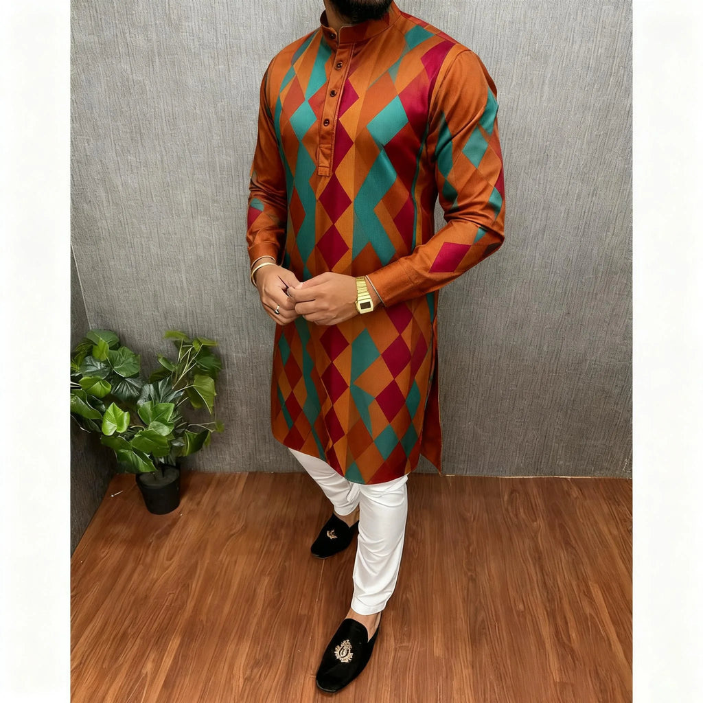 2026 Summer Men'S Digital Printed Kurta Vardha Regular Fit Mandarin Collar All Occasions Arabe Hombre Ropa Marokkaanse Kaftan