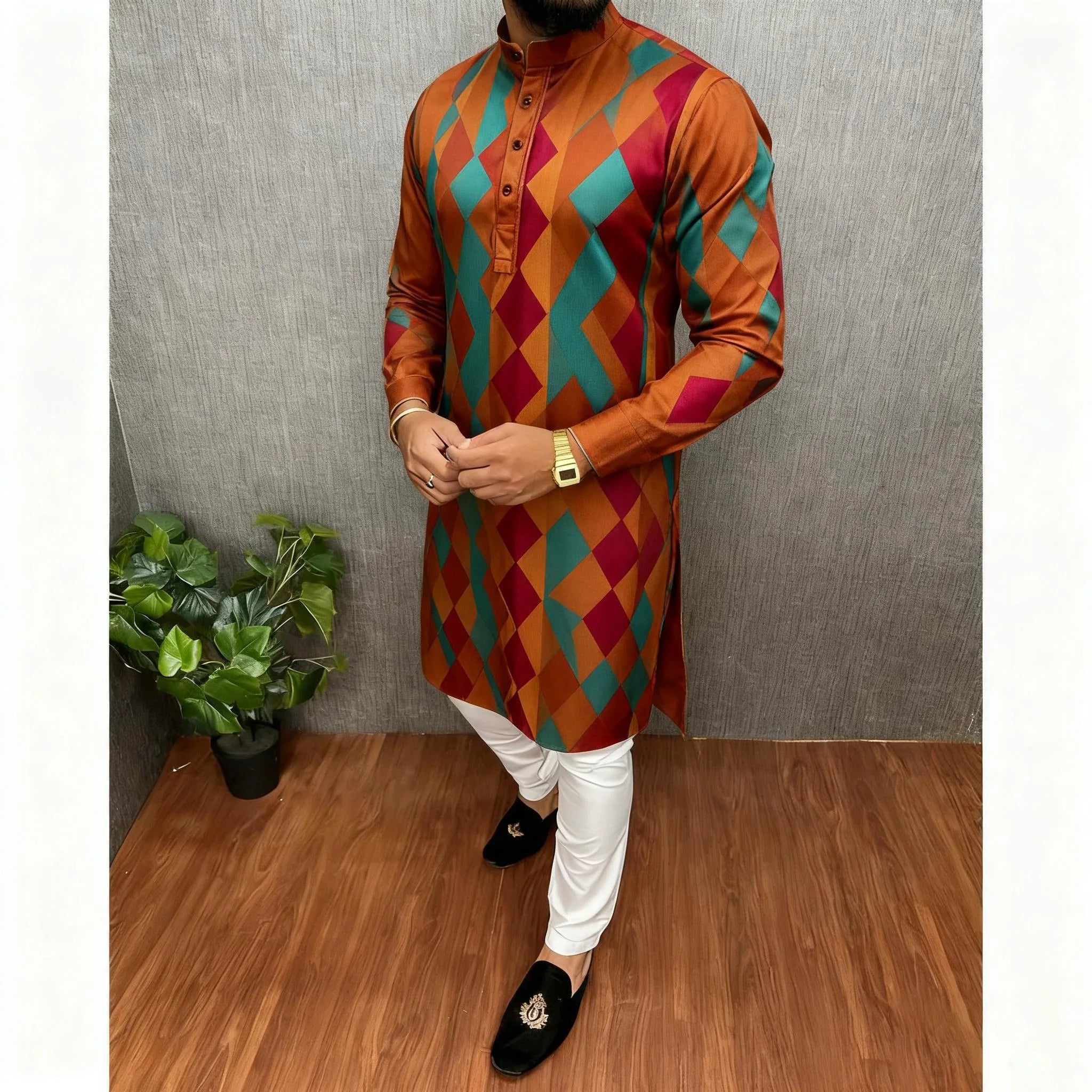 2026 Summer Men'S Digital Printed Kurta Vardha Regular Fit Mandarin Collar All Occasions Arabe Hombre Ropa Marokkaanse Kaftan