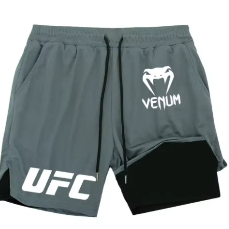 UFC logo men's European size double-layer sports training, running, walking, comfortable, breathable, mobile phone, towel shorts