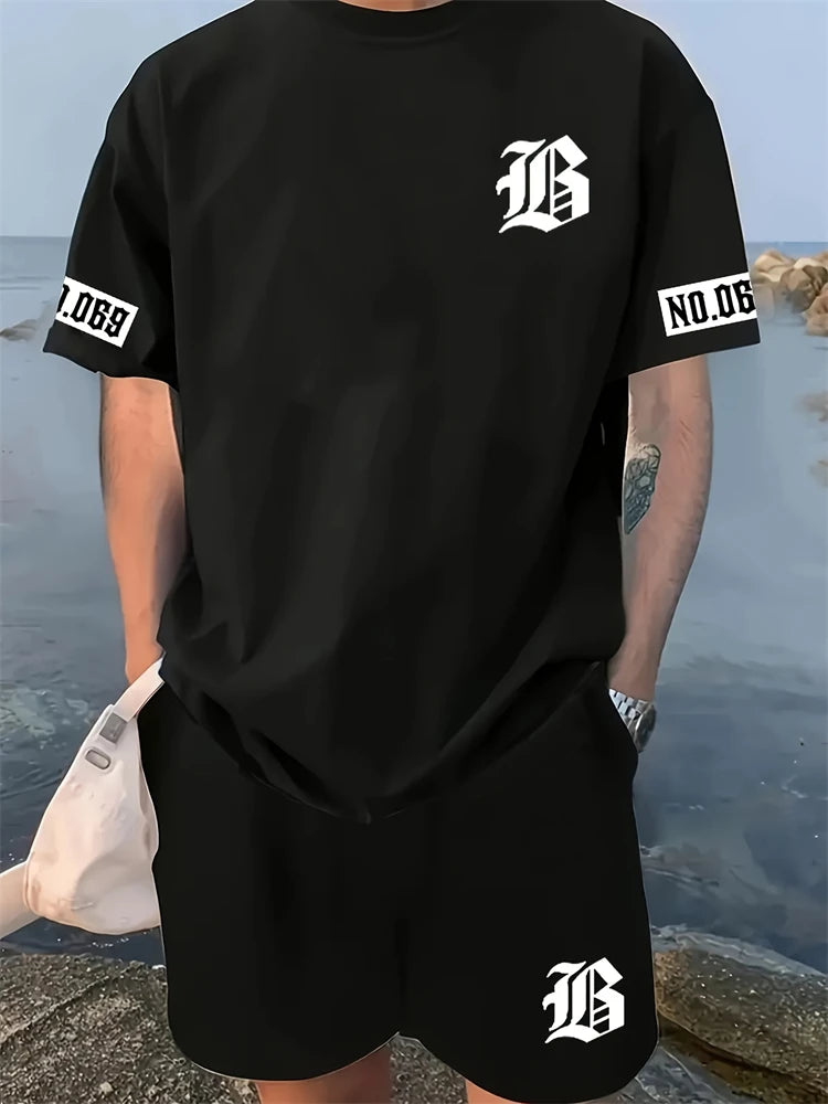 New Men's Round Neck Short Sleeve Shorts Suit Fashionable And Simple For Outdoor Activities And Daily Wear Two-piece Set