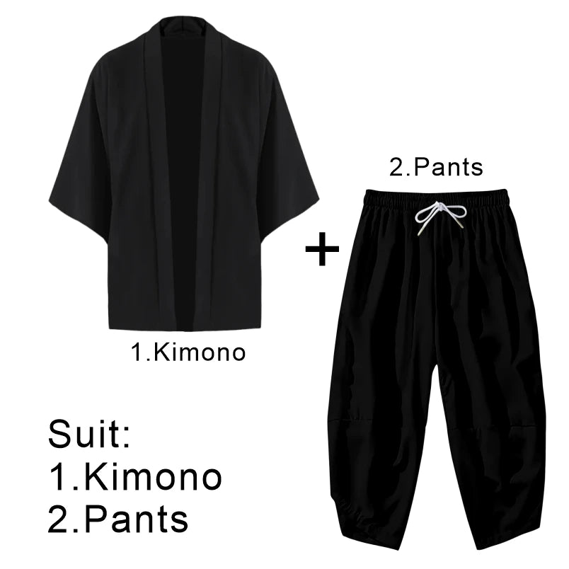 Men Summer Japanese Style Black Kimono Shirt and Drawstring Cropped Pants Set Asian Unisex Casual Loose 3/4 Sleeve Beach Outwear