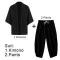 Men Summer Japanese Style Black Kimono Shirt and Drawstring Cropped Pants Set Asian Unisex Casual Loose 3/4 Sleeve Beach Outwear