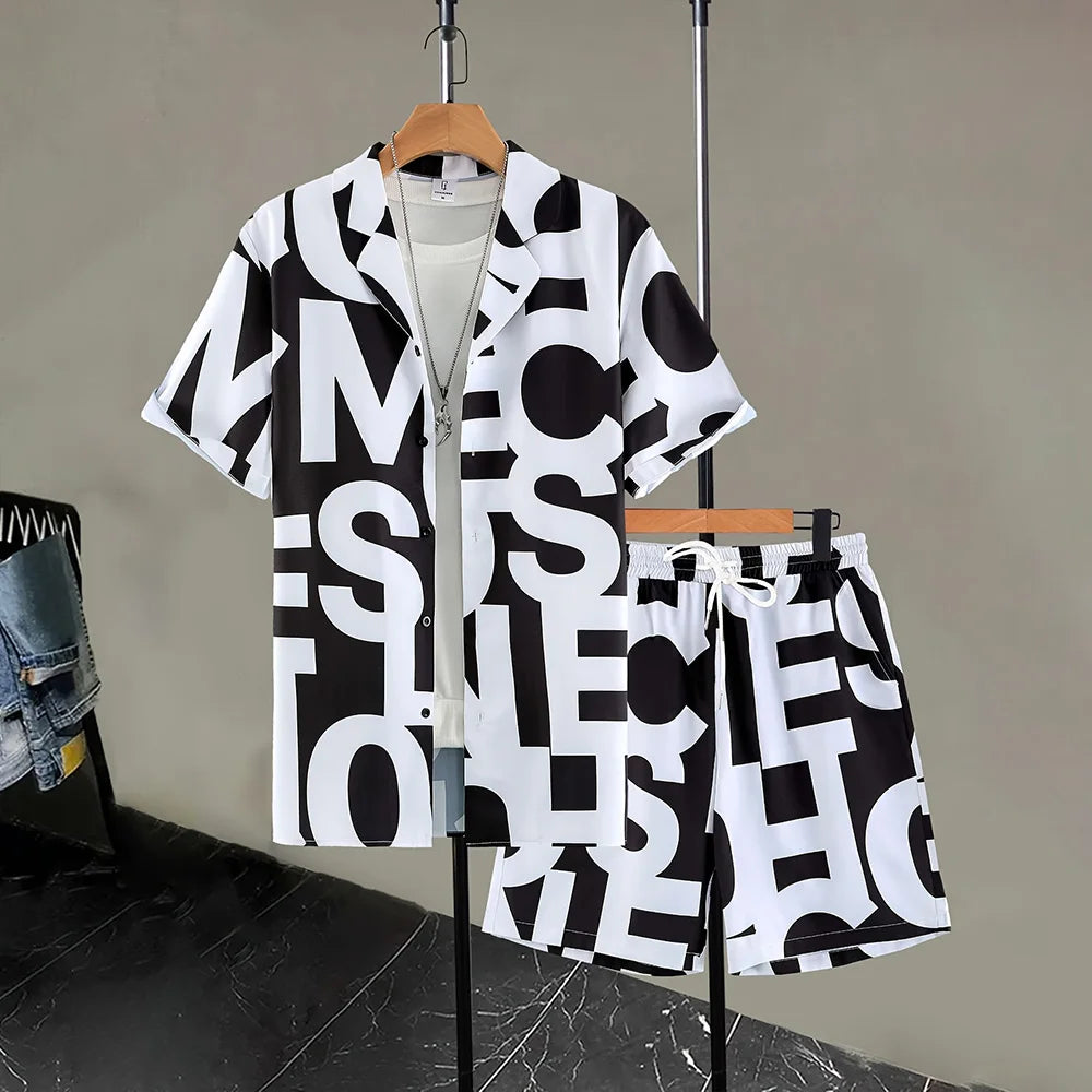 Holiday Men's Button Down Shirts Drawstring Waist Shorts 2-piece Set Plus Size Letter Print Shirt Casual Pocket Shorts Clothing