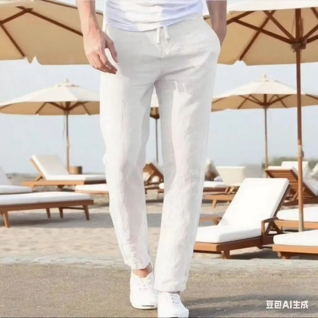 2025 Men Cotton Linen Casual Pants Baggy Streetwear Men Joggers Sports Trousers Solid Color Long Straight Trendy Pants for Men