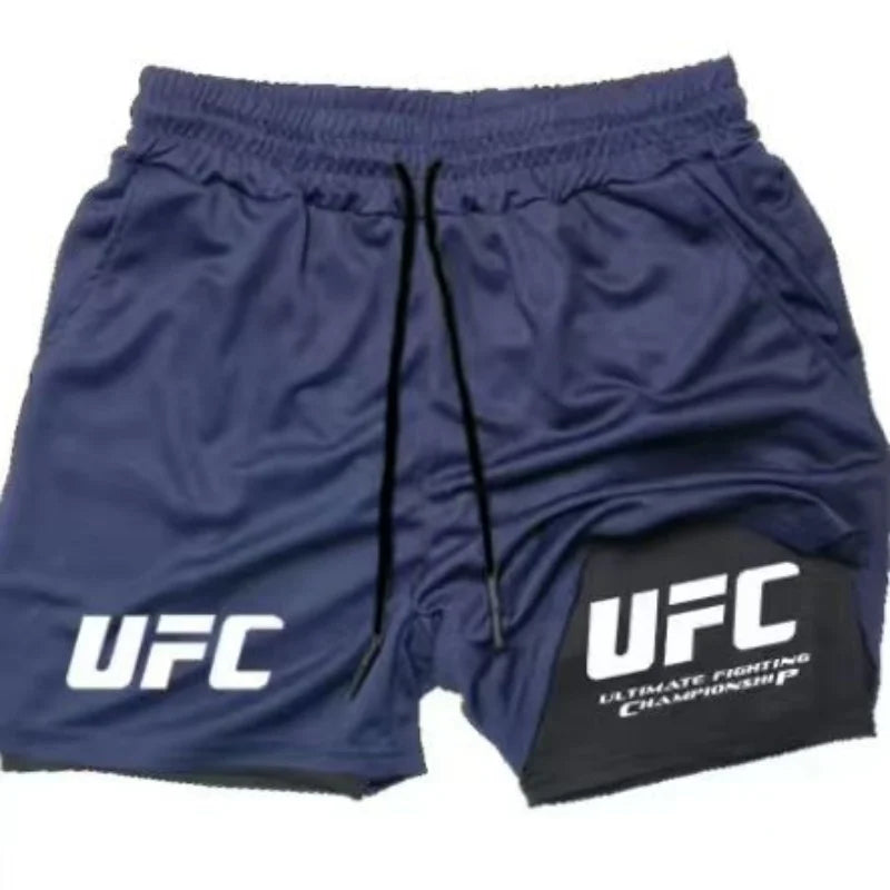 UFC logo men's European size double-layer sports training, running, walking, comfortable, breathable, mobile phone, towel shorts