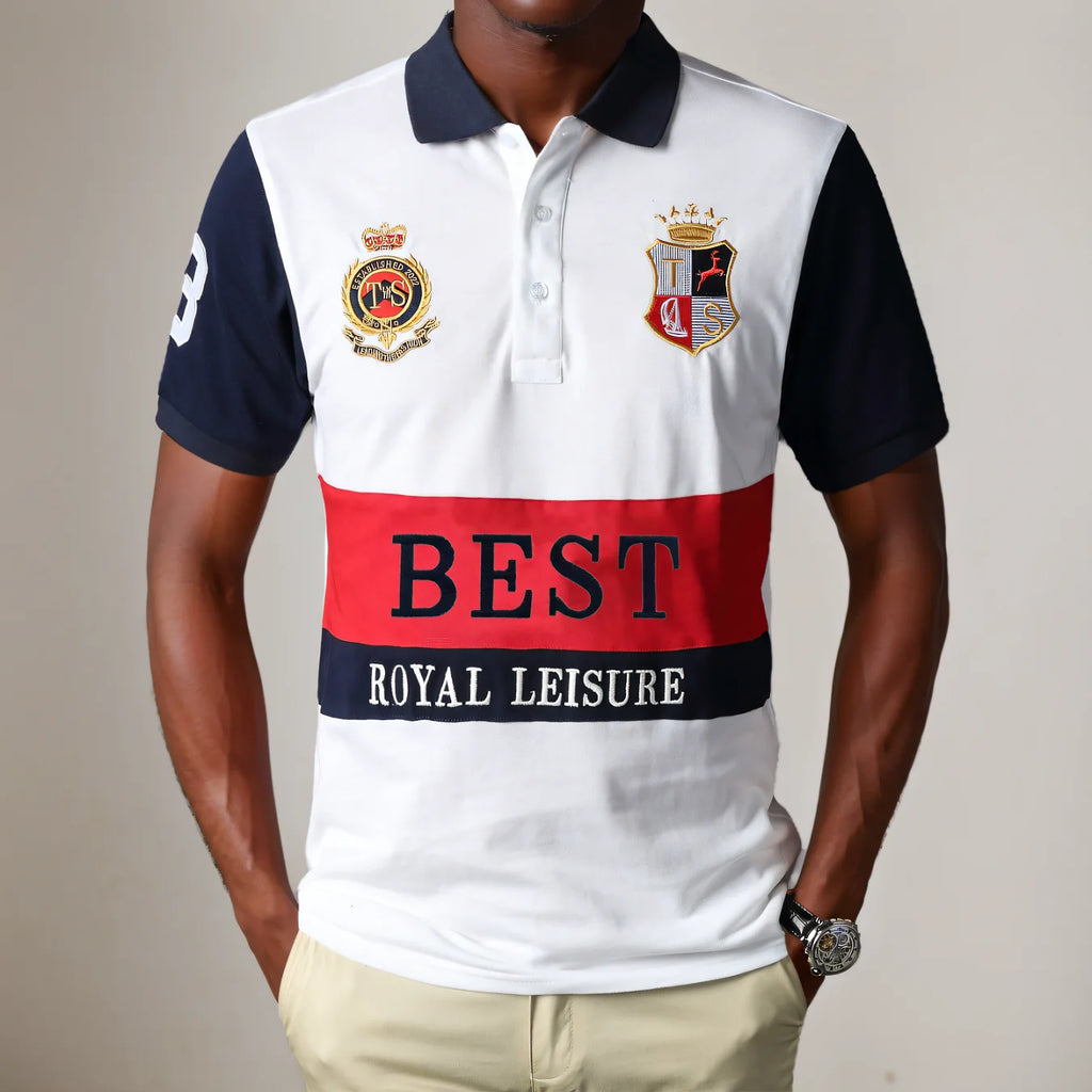 New polo shirt men's embroidery patchwork color contrast slim classic fashion original design polo collar pure cotton breathable