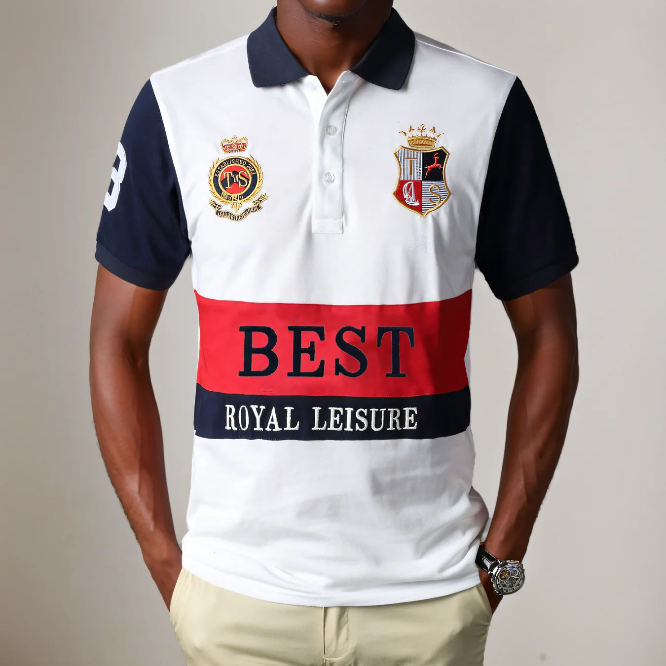New polo shirt men's embroidery patchwork color contrast slim classic fashion original design polo collar pure cotton breathable