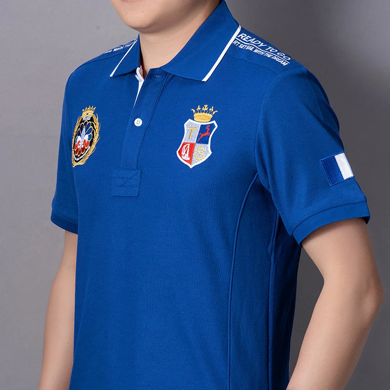 Men's polo shirt France short sleeve Royal leisure sports party cotton embroidered with slit contrast color original