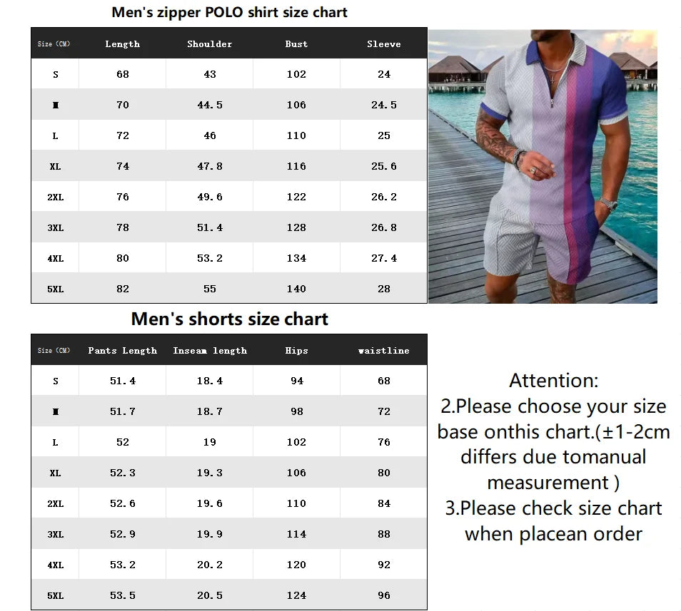 Summer 3D Print Men's Tracksuit Suit Casual Zipper Polo Shirt Shorts 2 Pcs Sets Boho Geometric Style Holiday Clothing