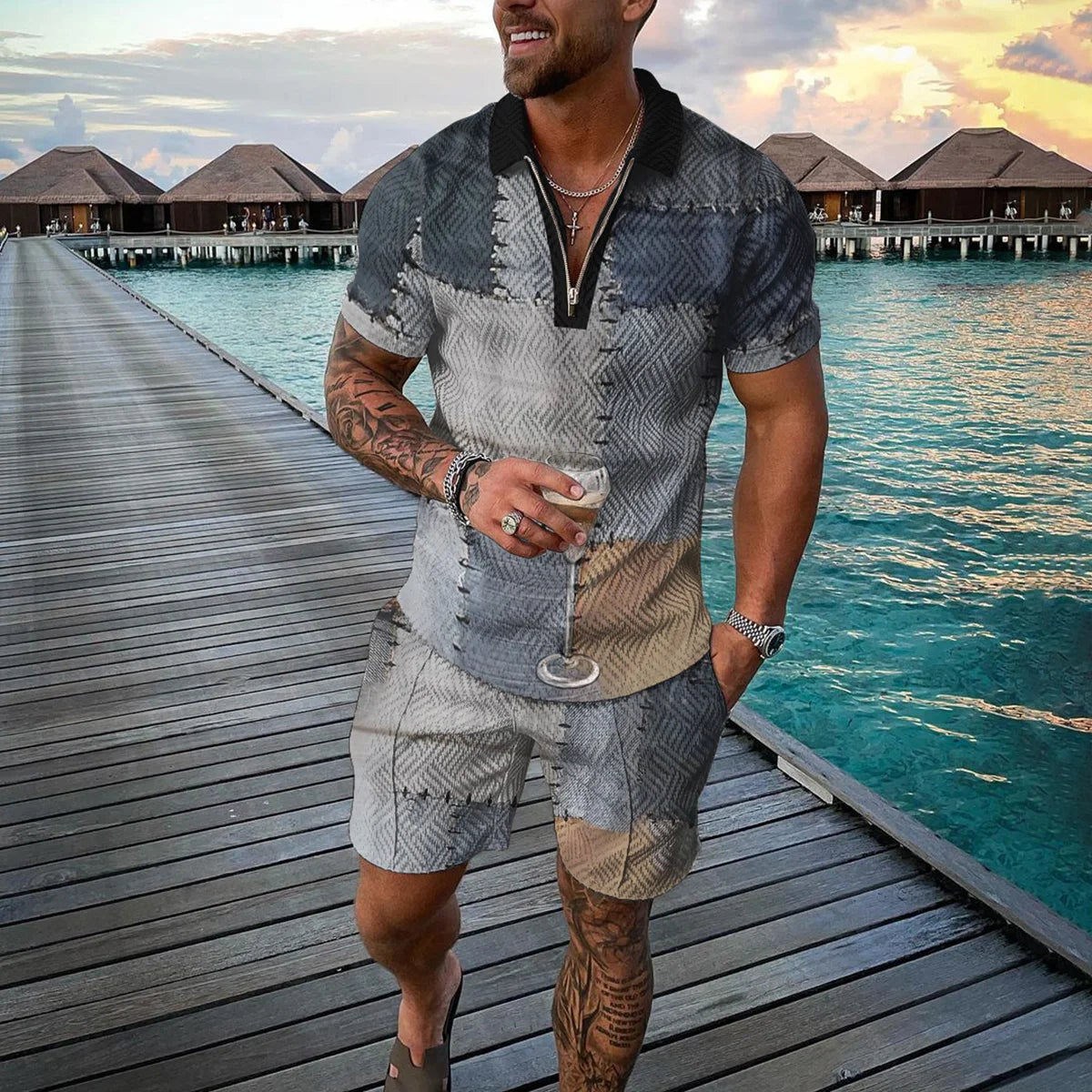 Summer 3D Print Men's Tracksuit Suit Casual Zipper Polo Shirt Shorts 2 Pcs Sets Boho Geometric Style Holiday Clothing