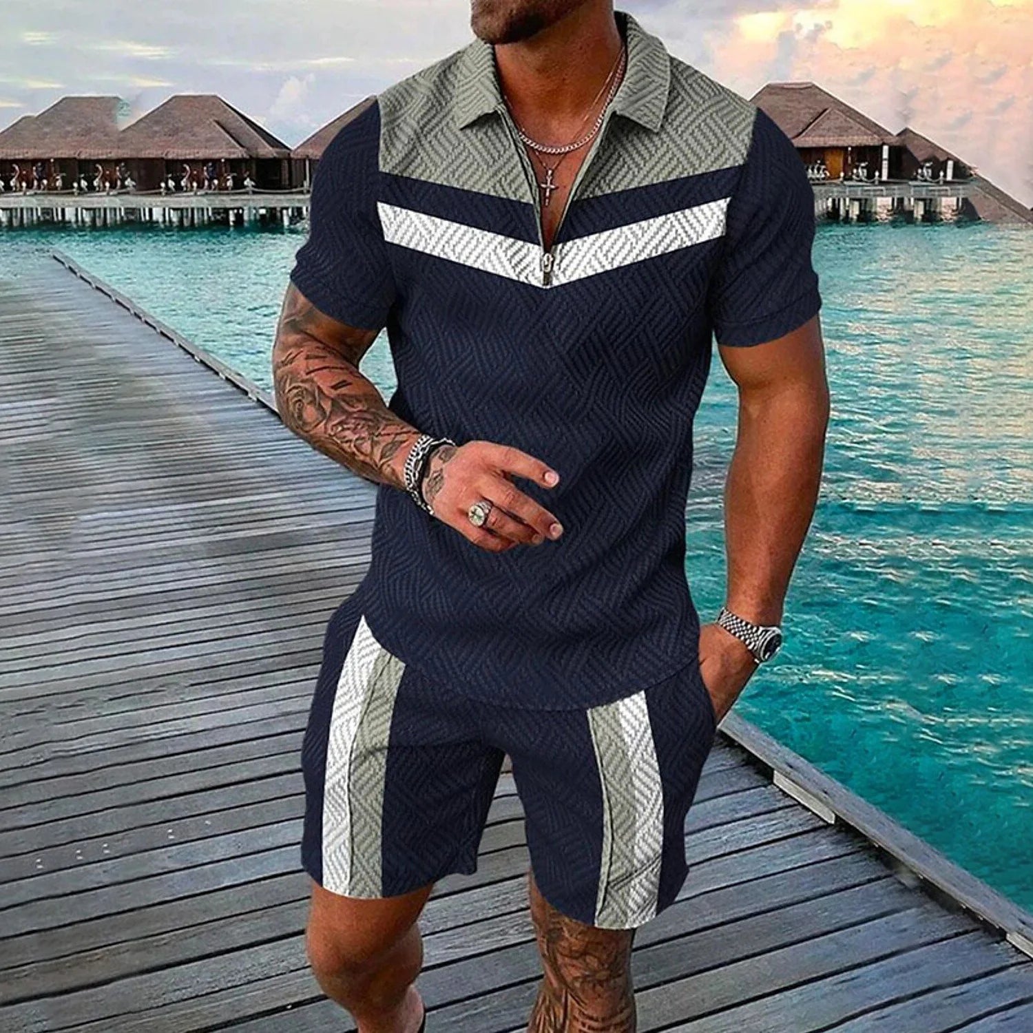 Summer 3D Print Men's Tracksuit Suit Casual Zipper Polo Shirt Shorts 2 Pcs Sets Boho Geometric Style Holiday Clothing