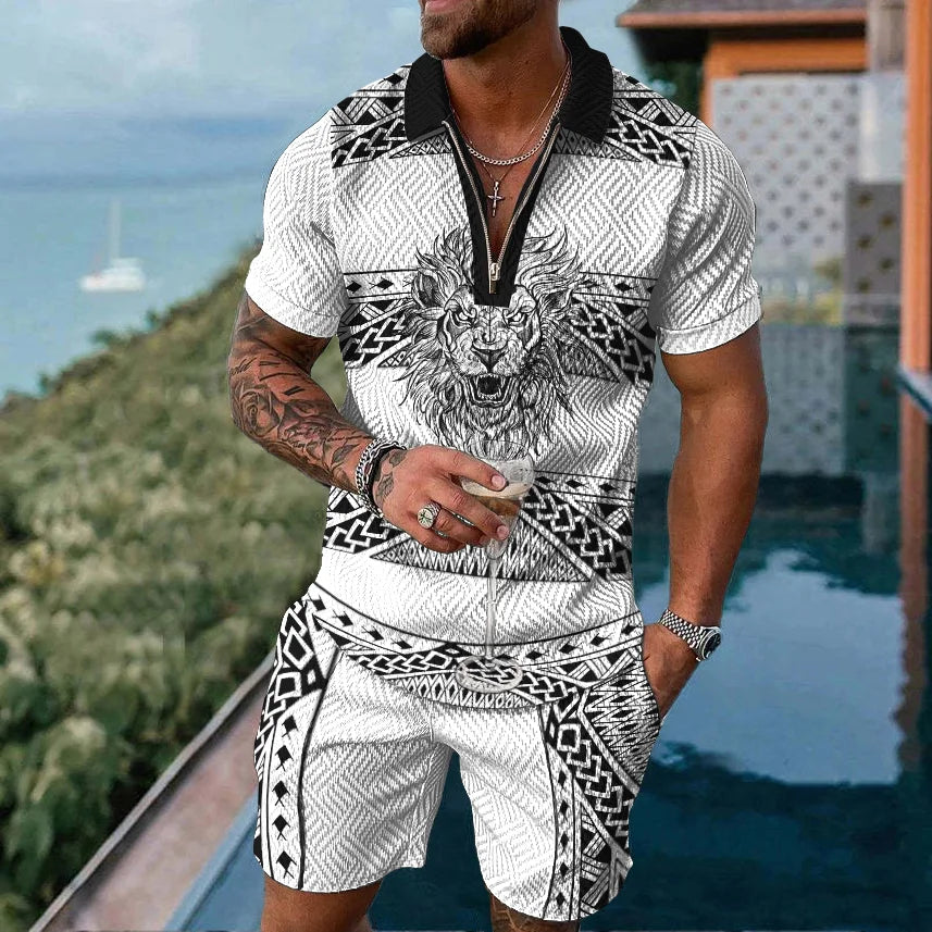 2025 Men's Suit Trend Tiger 3D Printing Zipper Polo Shirt Shorts Two Piece Set luxurious Casual New Men Clothing Tracksuit Set