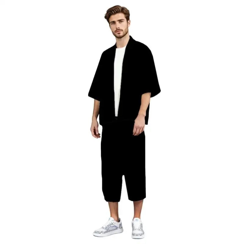 Men Summer Japanese Style Black Kimono Shirt and Drawstring Cropped Pants Set Asian Unisex Casual Loose 3/4 Sleeve Beach Outwear