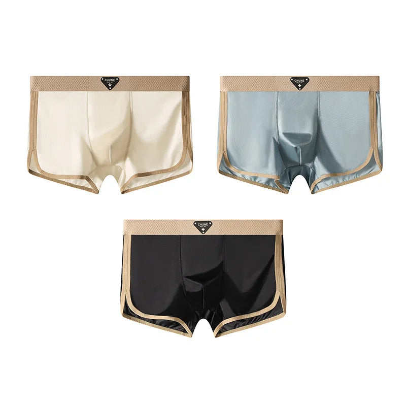 3PCS/Pack Luxury Satin-like Ice Silk Men's Panties Hygroscopic Breathable Double-layer Silk Crotch Boxer High Elastic Underpants