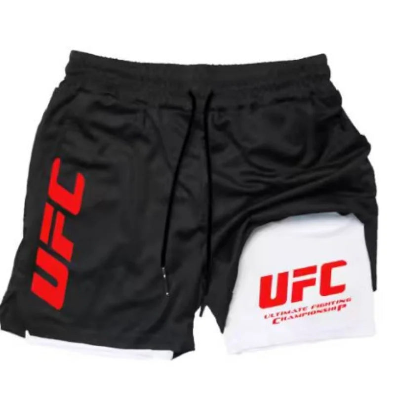 UFC logo men's European size double-layer sports training, running, walking, comfortable, breathable, mobile phone, towel shorts