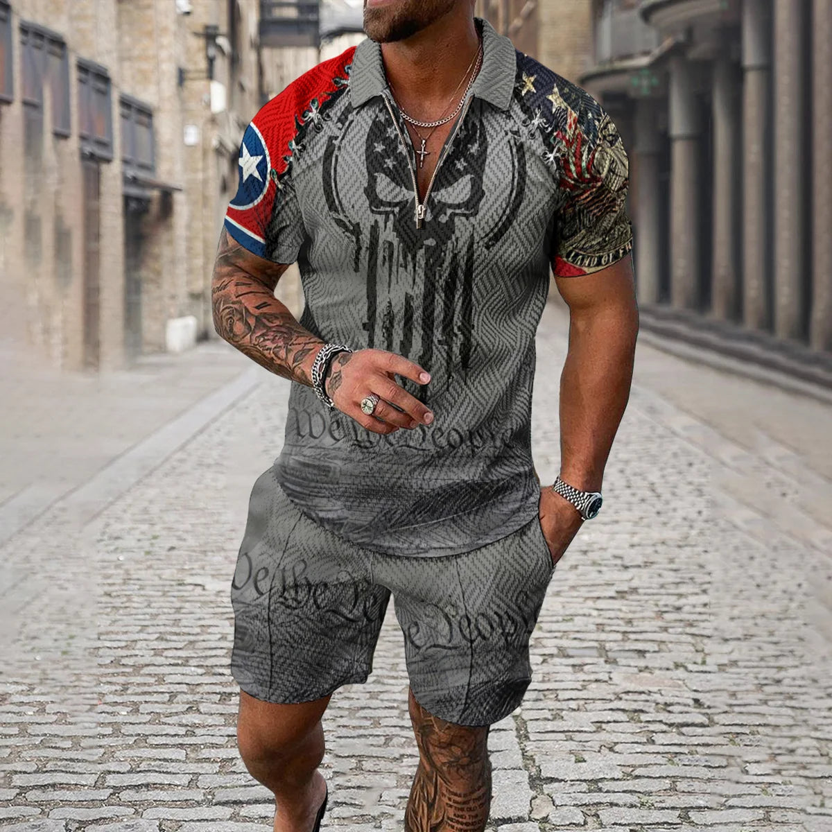 Summer 3D Print Men's Tracksuit Suit Casual Zipper Polo Shirt Shorts 2 Pcs Sets Boho Geometric Style Holiday Clothing