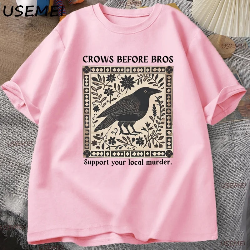 Crows Before Bros T-Shirt Men Women Graphic T Shirts Unique Bird Nature Tshirt Halloween Cotton Round Neck T Shirts
