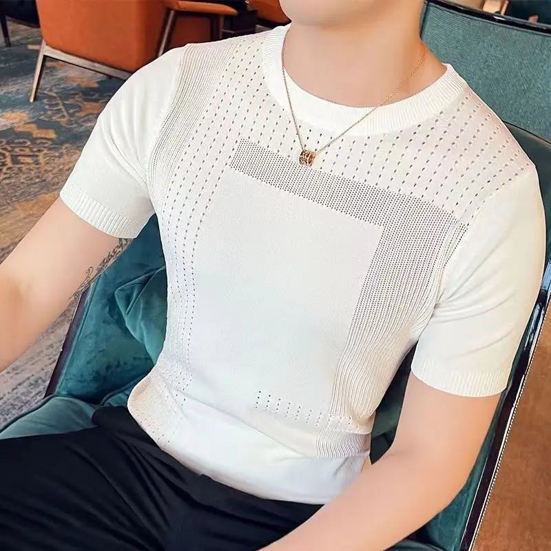 Summer Round Neck Ice Silk Hollow Knitted Short-sleeved Base Thin Men's Trendy Half-sleeved T-shirt Breathable Knitted Sweater
