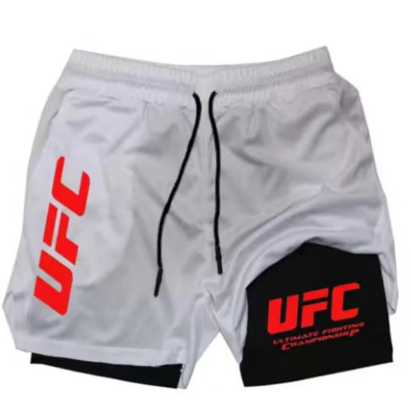 UFC logo men's European size double-layer sports training, running, walking, comfortable, breathable, mobile phone, towel shorts