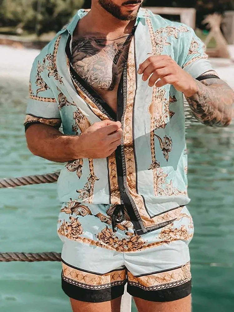 Summer Exquisite Men's Shirt Set Coconut Print Short Sleeve Top Leopard Print Shorts 2 Piece Hawaii Beach Men's Fashion Clothing